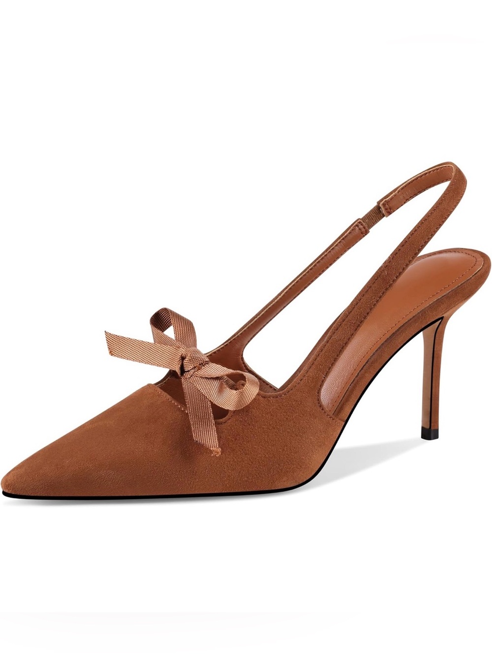NWT Women's Brown Suede Pointed Slingback Heel with Ribbon